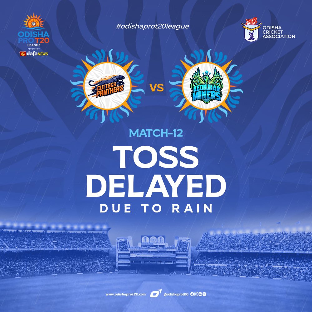 OdishaProT20's tweet photo. Rain had the first word before the coin today!
Toss delayed due to rain. Stay tuned for updates!
#OdishaProT20League #OPTL #TossDelayed #T20Action https://t.co/ss9oAMyiau