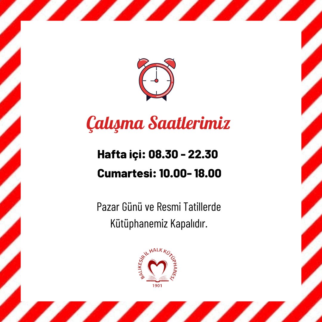📢 Çalışma saatlerimiz güncellenmiştir. 

Hafta içi: 8.30- 22.30
Cumartesi: 10.00- 18.00
Pazar Günü ve Resmi Tatillerde Kütüphanemiz kapalıdır. 

#balikesir #balıkesirkütüphane #halkkütüphanesi #balıkesirilhalkkütüphanesi #kitap #kütüphane