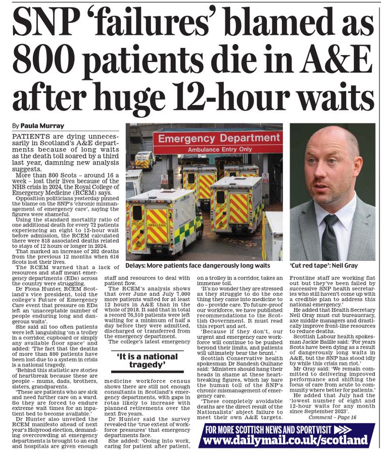 A newspaper front page with the headline "SNP 'failures' blamed as 800 patients die in A&E after huge 12-hour waits." The subheadline mentions patients dying unnecessarily due to long waits. An inset photo shows John Swinney, a man with short hair wearing a suit and tie. Below the headline, an image depicts ambulances outside an Emergency Department Ambulance Entry, with visible signage.