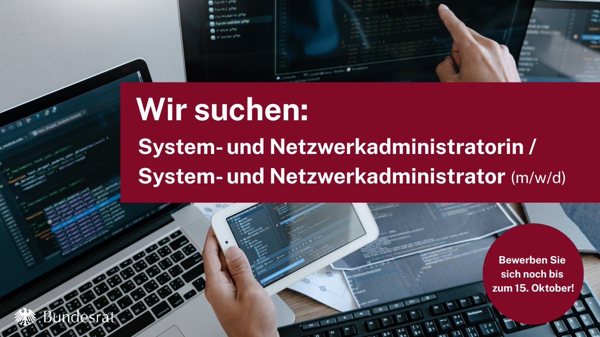 bundesrat's tweet image. Interessiert an einem spannenden #Job im #Bundesrat? 💻
Wir suchen eine #System- und #Netzwerkadministratorin / einen System- und #Netzwerkadministrator (w/m/d) für unsere #IT. Mehr Infos hier: bundesrat.de/SharedDocs/ste… #Jobs #Karriere #Berlin #Bundesrat #ITJobs #ITKarriere