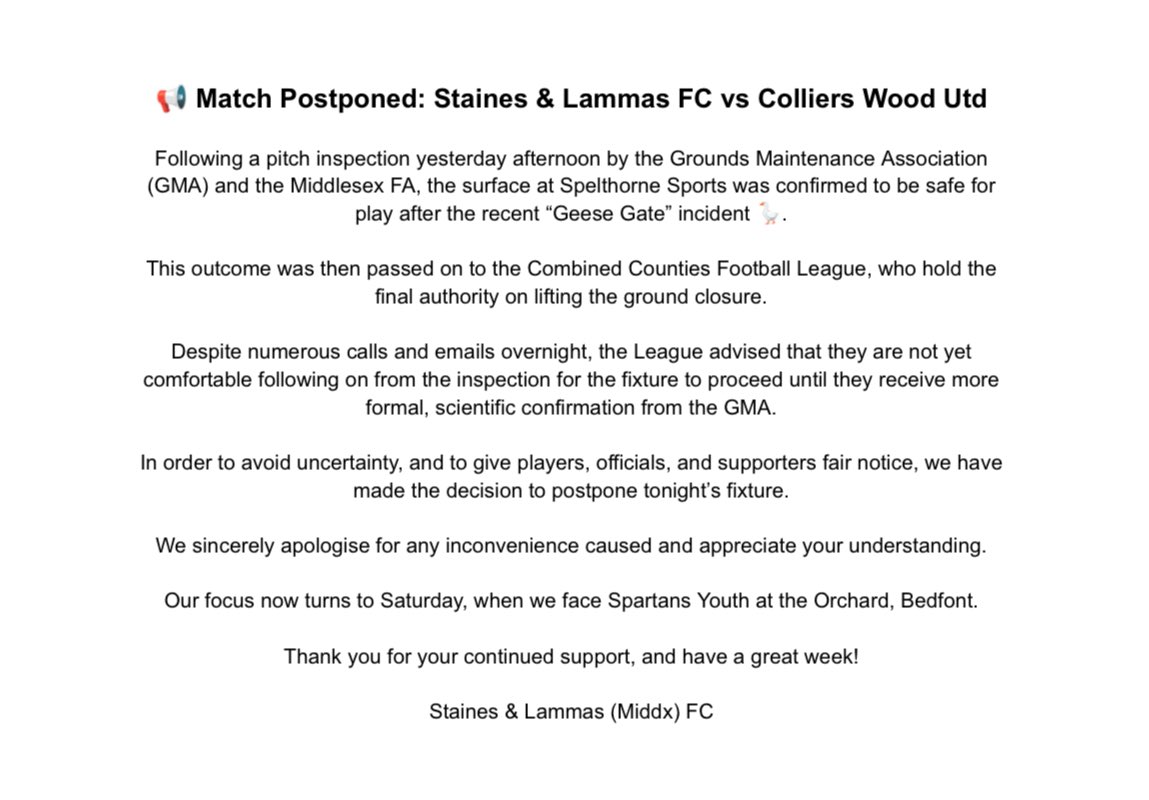 MATCH POSTPONED 🛑 - Staines &amp; Lammas (Middx) FC vs Colliers Wood Utd 🪿 

<a href="/wood_utd/">Colliers Wood United FC</a> <a href="/ComCoFL/">Combined Counties Football League</a>