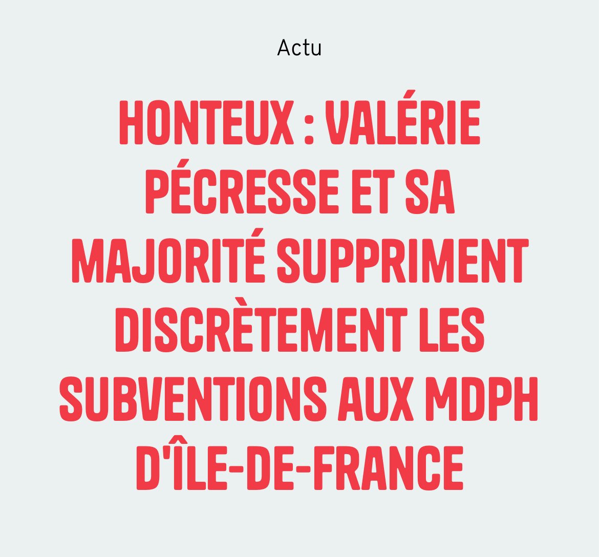 Cette décision est hallucinante. 

En ces temps difficiles, la droite ne trouve rien de mieux à faire que de compliquer la vie des personnes en situation de handicap !

Je demande à Valérie Pécresse de revenir sur cette décision brutale.

l.humanite.fr/Vyf
