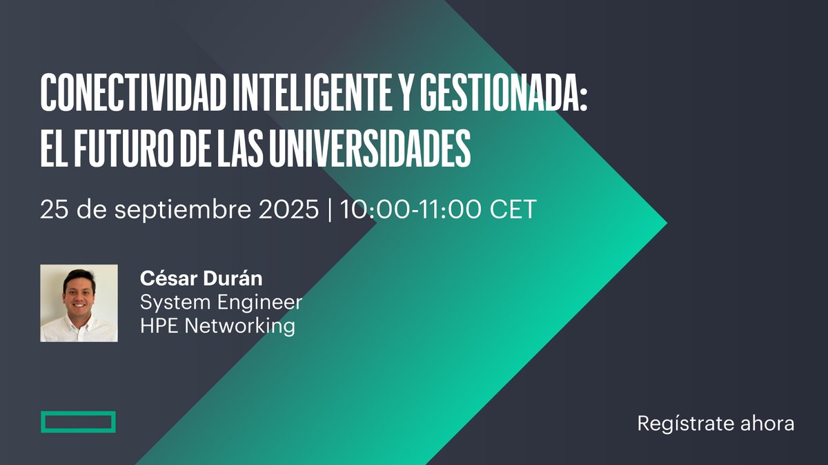 La transformación digital en la educación superior pasa por una red moderna, escalable y segura.
#HPE te invita este jueves a un webinar exclusivo para universidades en España, organizado por <a href="/HPE_Aruba_NETW/">HPE Aruba Networking</a>, donde descubrirás cómo una infraestructura de red de última generación