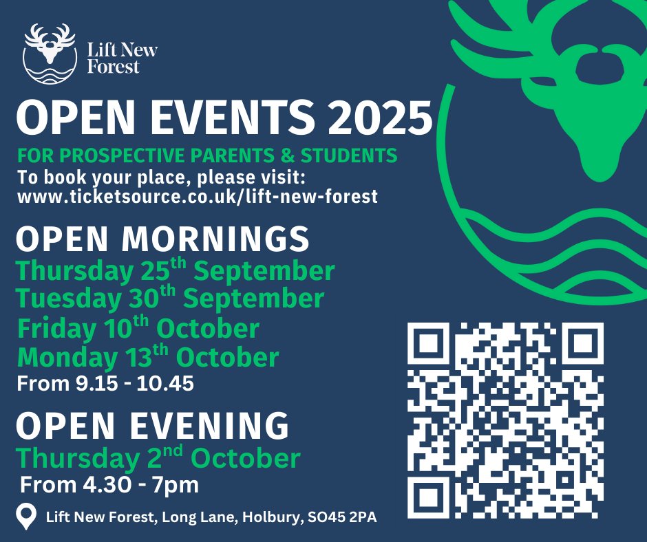 There is some last minute availability for our upcoming Open Mornings. Book now to see our wonderful school in action - ticketsource.co.uk/lift-new-forest.

#Lift Schools #OpenMornings #OpenEvents