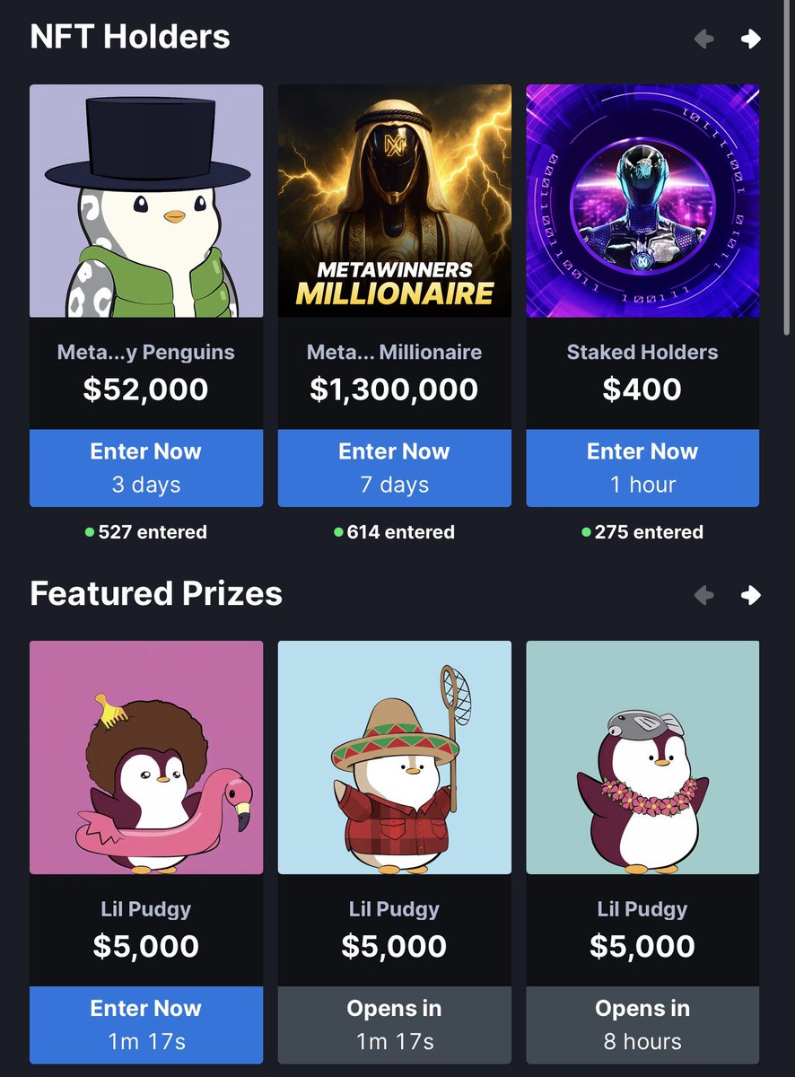Our first <a href="/pudgypenguins/">Pudgy Penguins</a> competition is about to pay out ! 

Every day this week we have Lil Pudgy comps live.  Then the main Pudgy which is free to enter for Pudgy and Lil Pudgy holders along with Meta Winners NFT holders. 

Where are the penguins at ?