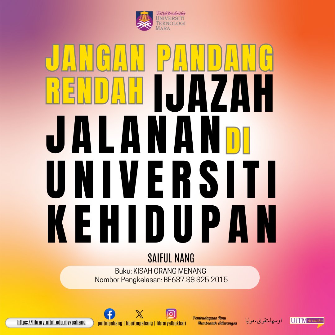LibUiTMPahang's tweet image. Sila ikuti maklumat terkini dilaman web rasmi kami di
library.uitm.edu.my/pahang
#libphg
#pabmembaca
#libraryforall
#PembudayaanIlmuMembentukAdiwangsa
LIKE & FOLLOW FACEBOOK Perpustakaan Al-Bukhari:
facebook.com/library.uitm.p…