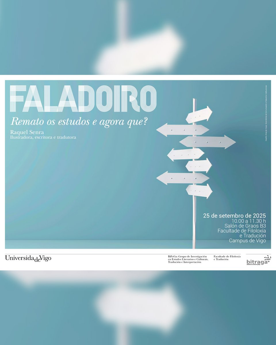 UVigo Filoloxía e Tradución (@fft_uvigo) on Twitter photo 🎤 "Remato os estudos e agora que?"
👉 Faladoiro con Raquel Senra sobre as saídas profesionais dos estudos de tradución.
📍 Aula B3. FFT.
📅 Día 25 de setembro. De 10 a 11.30 horas.
<a href="/uvigo/">Universidade de Vigo</a> #uvigo #Filoloxía #FiloloxíaeTradución #FFT #Semanadaslinguasasliteraturaseatradución 🎤 "Remato os estudos e agora que?"
👉 Faladoiro con Raquel Senra sobre as saídas profesionais dos estudos de tradución.
📍 Aula B3. FFT.
📅 Día 25 de setembro. De 10 a 11.30 horas.
<a href="/uvigo/">Universidade de Vigo</a> #uvigo #Filoloxía #FiloloxíaeTradución #FFT #Semanadaslinguasasliteraturaseatradución
