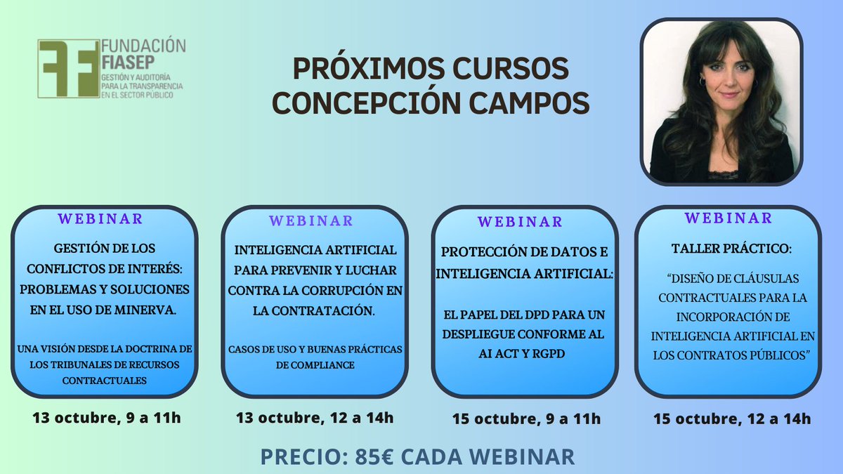 Quieres formación sobre MINERVA, IA en Contratación y en Protección de Datos?
Estos son los próximos cursos que <a href="/mccamposacunha/">Concepción Campos</a> impartirá en Fundación FIASEP los días 13 y 15 de octubre. 
Inscripciones aquí: n9.cl/89qqq o contacta con nosotros para más información.
