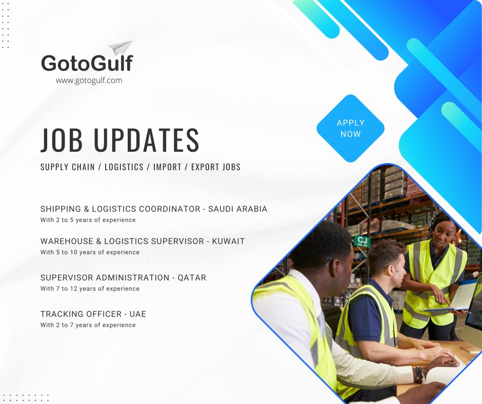 Click on the below link to apply for the job vacancies,
gotogulf.com/PublicSearchVi…
#jobseekers #shippingandlogisticscoordinator #warehouselogisticssupervisor #Supervisoradministration #trackingofficer #Qatar #UAE #kuwait #saudiarabia #GCC