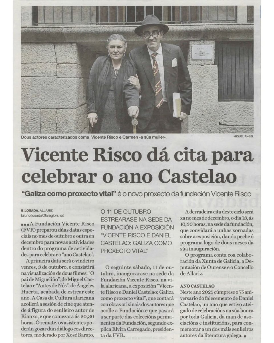 O Xornal La Región publica hoxe a nova das actividades da Fundación Vicente Risco no #anocastelao 2025.

📅 Exposicións, proxeccións e coloquios para conmemorar a vida e obra de Castelao.

👉 Xa vos iremos informando polo miúdo de cada actividade para que non se esquezan! ✨