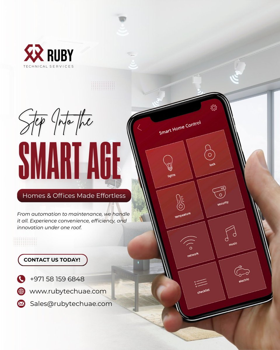 rubytechuae's tweet image. ✨ Step into the Smart Age with Ruby Technical Services!
From automation to maintenance – control your lights, locks, security &amp;amp; more at your fingertips. 🚀
📞 +971 58 159 6848
🌐 rubytechuae.com 
📧 Sales@rubytechuae.com

#RubyTechUAE #SmartHome #SmartOffice #Innovation