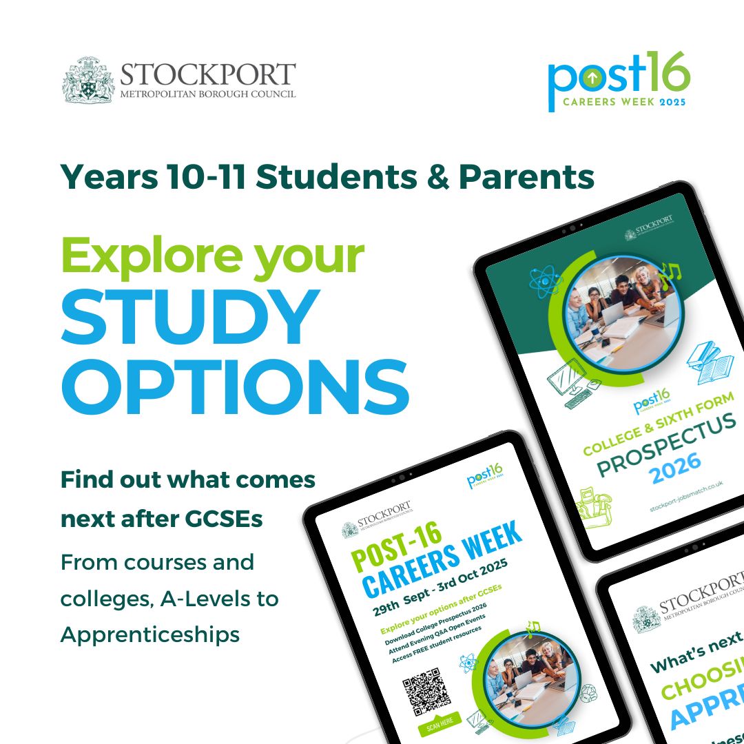 Post 16 careers week starts on Monday 29th September! Find out what's happening this year, with FREE events, resources, videos and more to help Y10 and Y11 navigate your next steps after secondary school. 
stockport-jobsmatch.co.uk/post-16-career…

<a href="/JobsMatchSK/">Stockport Jobs Match</a>  #Post16