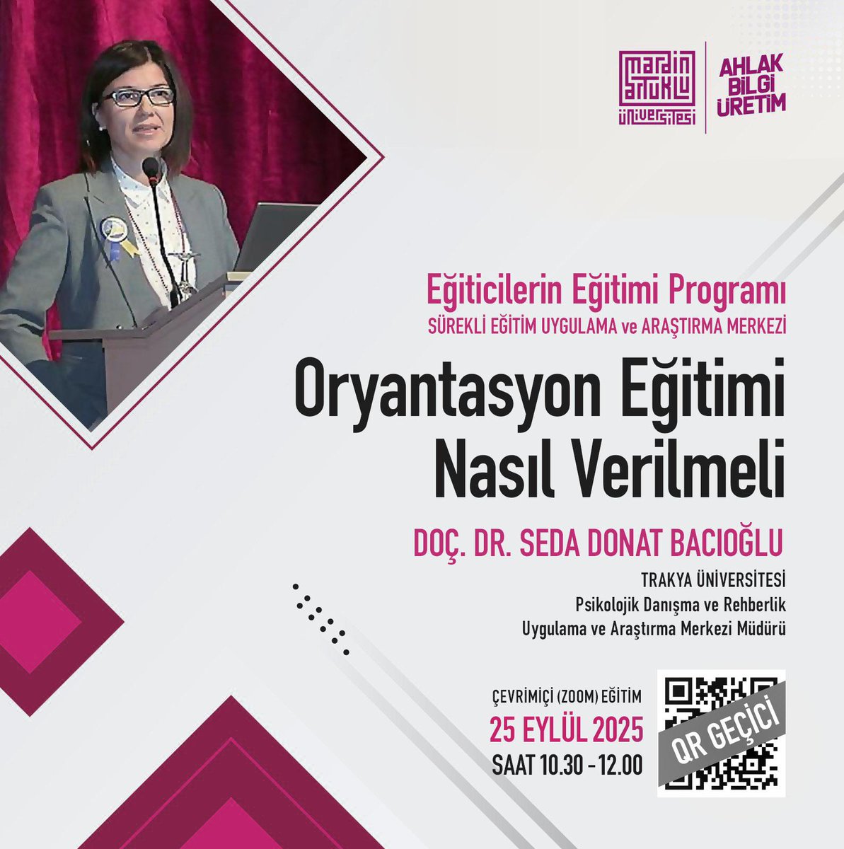 Merkezimiz tarafından 25 Eylül 2025 tarihinde “Eğiticilerin Eğitimi Programı” kapsamında Oryantasyon Eğitimi Nasıl Verilmeli  Eğitimi  çevrim içi olarak düzenlenecektir. Tüm akademik personelimiz davetlidir.zoom.us/j/92857290492 <a href="/ibrahimozcosar/">ibrahim özcoşar</a>  <a href="/mardinartuklu/">Mardin Artuklu Üniversitesi</a> <a href="/DiriozMustafa/">Mustafa Diriöz</a>