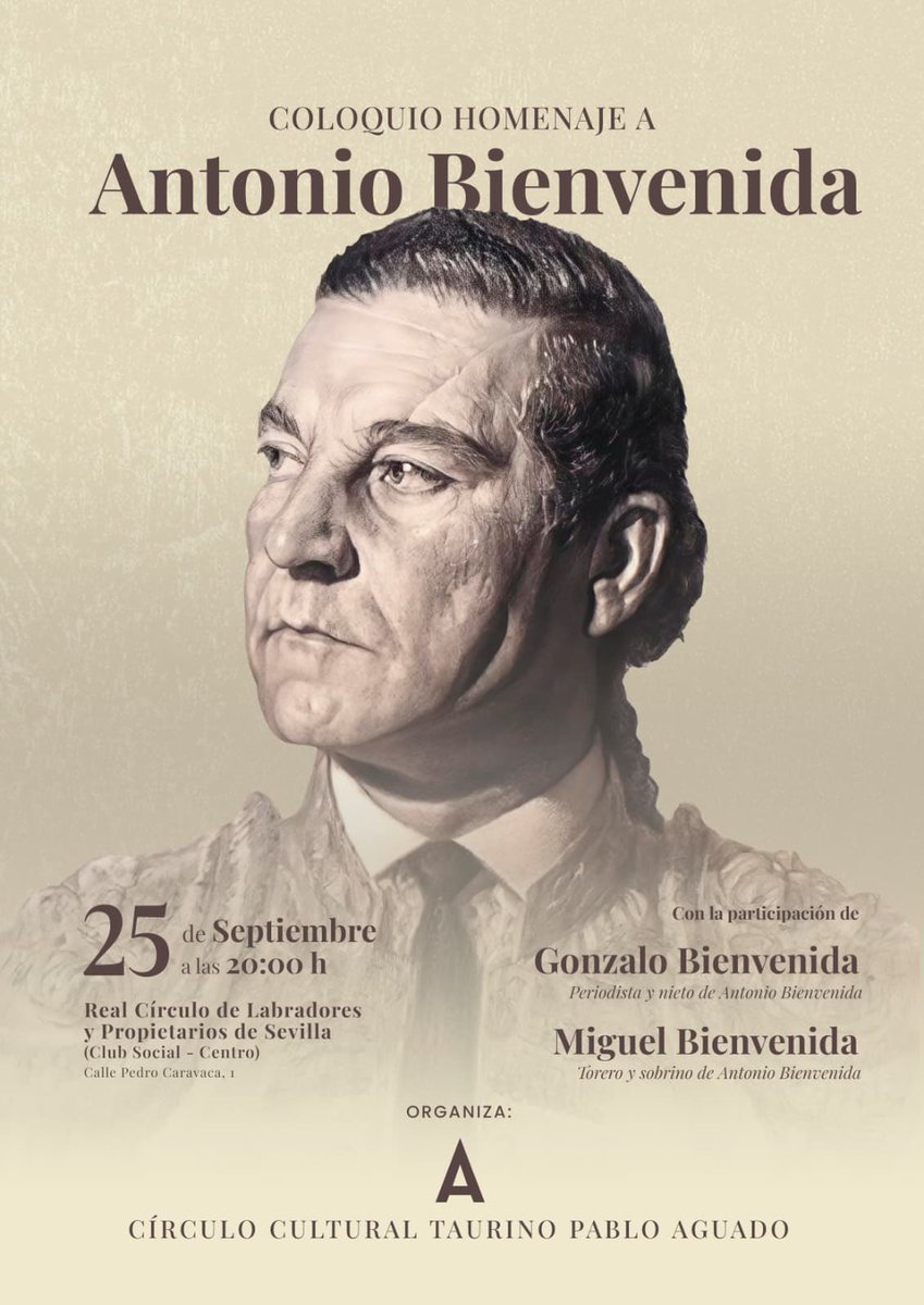 AGENDA 🗓️ El jueves 25 de septiembre, a las 20 h, se celebrará en Pedro Caravaca un 💬 Coloquio ‘Homenaje a Antonio Bienvenida’.

👉 En el acto intervendrán Gonzalo Bienvenida, periodista y nieto del histórico matador, y Miguel Bienvenida, torero y también sobrino del mismo.