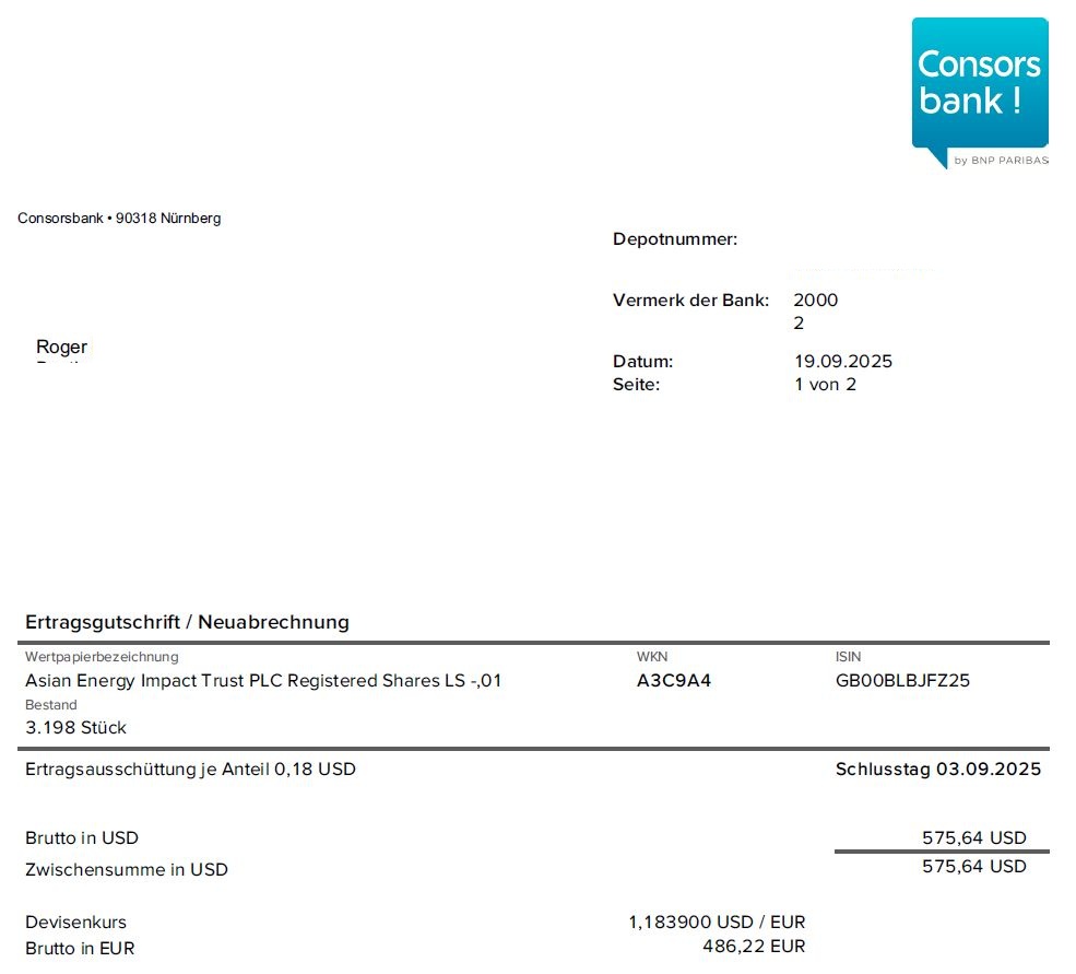 Guter Start in den Tag 🙂 #finanzspritze 😉
Auch weiterhin läuft die Liquidation beim Asian Energy Impact Trust vorbildlich. So wurde im August klar kommuniziert, dass alle Anteilseigner eine weitere Auszahlung aus den Verkäufen der Kraftwerke im September erhalten werden. Heute