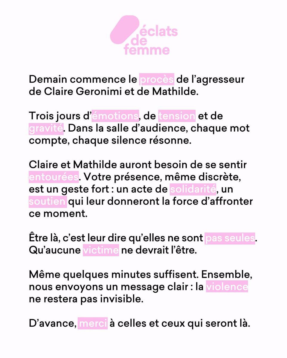 ClaireGeronimii's tweet image. ⚖️ Demain, ensemble, faisons de ce procès un symbole.

📅 Rendez-vous à 8h
📍 A la Cour d’Appel de Paris 
🗺️ 4 bld du Palais 75001 Paris

#justicepourclaire #eclatsdefemme #proces #solidarite #stopviolences #clairegeronimi #justice #veneznombreux #ensemble #violence #soutien…