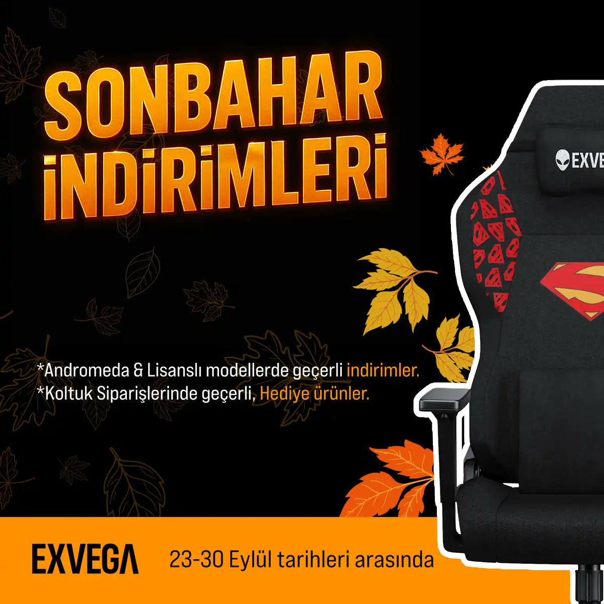 EXVEGAcom's tweet photo. 🍂 EXVEGA Sonbahar İndirimleri Başladı! 🍂

Andromeda &amp; Lisanslı modellerde özel indirimler, ayrıca koltuk siparişlerinde sürpriz hediyeler seni bekliyor. 🎁

🔗 https://t.co/ZlI00kAOLw

#EXVEGA #Sonbaharİndirimleri #SırtınıYasla #OyuncuKoltuğu #GamingChair https://t.co/ck9HpwuRB8