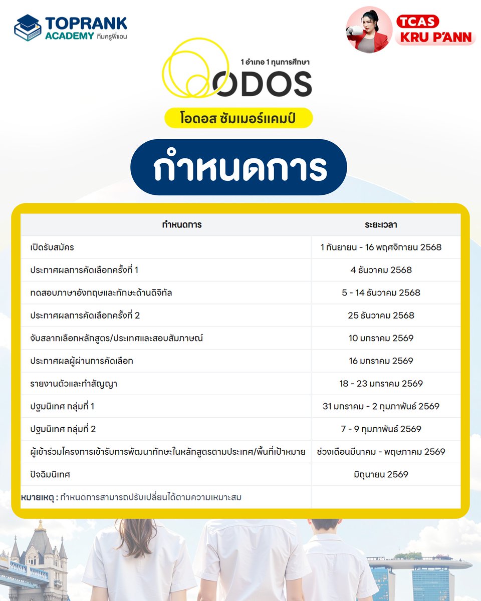 toprank_academy's tweet image. ODOS Summer Camp 2026 ฟรี!!🔥 โครงการแลกเปลี่ยนเรียนต่างประเทศ 1 อำเภอ 1 ทุน จำนวน 6 สัปดาห์ ฟรีตลอดทั้งโครงการ 

สมัครวันนี้ - 16 พฤศจิกายน 2568

รายละเอียดเพิ่มเติมได้ที่ : odos.thaigov.go.th

#Dek69 #ODOS #TCAS69 #มัธยม #เรียนเมืองนอก