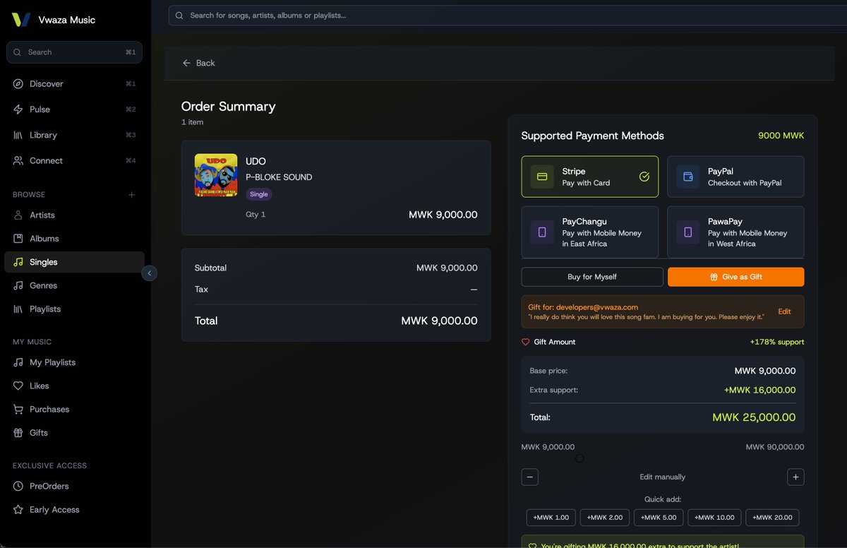 We are bringing gifting and price updates to Vwaza Music.
- You can gift anyone a song/album on Vwaza. Even when they are not part of our platform, yet.
- We are also going to allow users to manually edit prices to pay extra if they want to.
