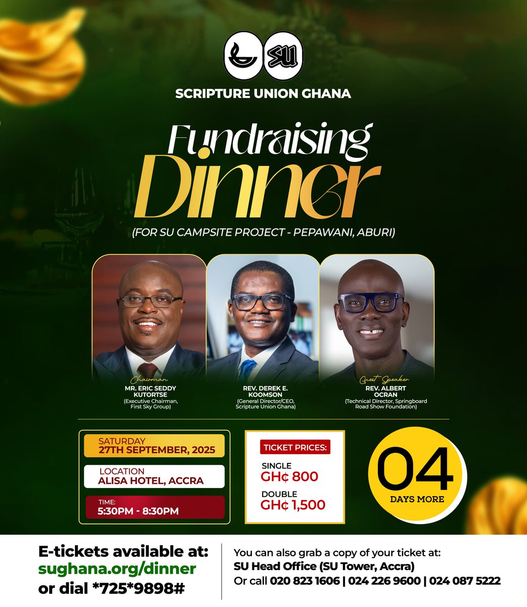 ✨ 4 Days More

It is almost here. The Scripture Union Ghana Fundraising Dinner at Alisa Hotel. Be a part of the people who are helping build the SU Campsite. 

Buy your tickets at sughana.org/dinner or dial *725*9898# on all networks. 

SU is Us! 
SU, God with Us!