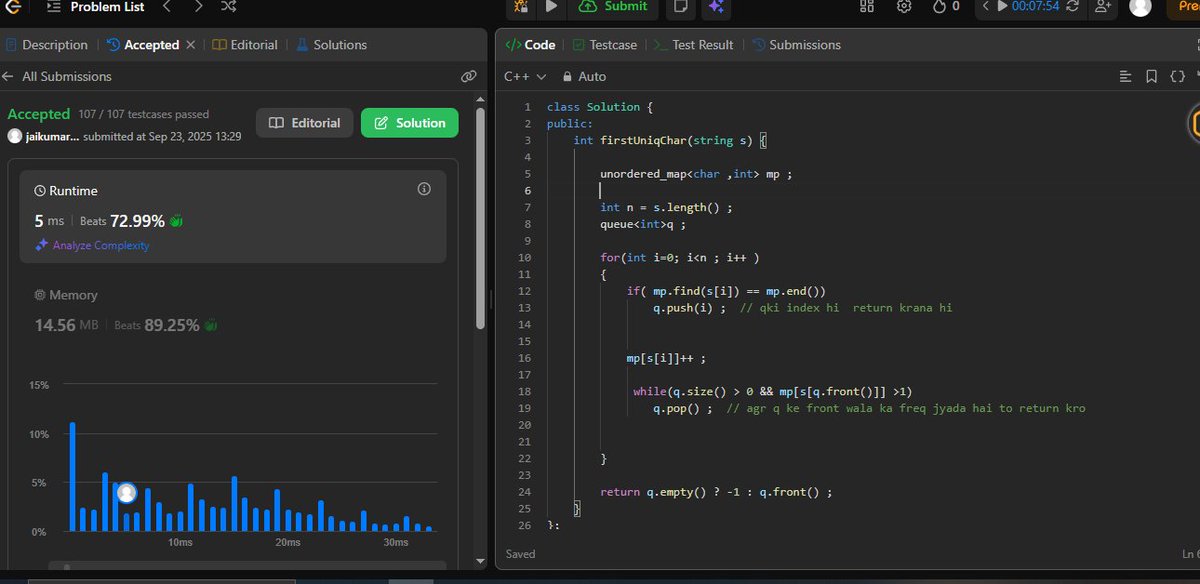 JAI_KUMAR_007's tweet image. 🔤 First Unique Character in a String
Track character frequency & their indices → first index with frequency 1 = answer ✅
🧠 TC: O(n)
📦 SC: O(n)
💡 Code is in the comments!
#DSA #HashMap #Queue #Leetcode #100DaysOfCode