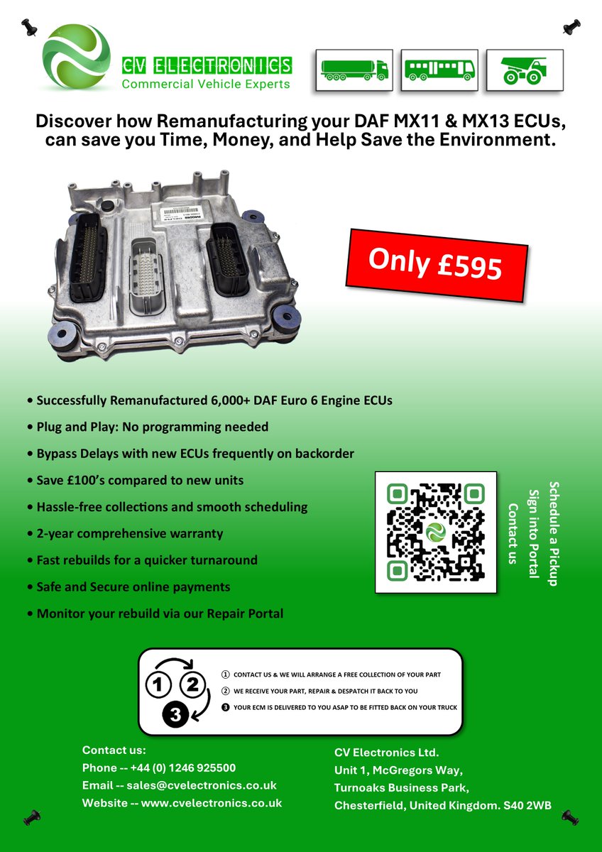 cvelectronics's tweet image. Discover how Remanufacturing your DAF MX11 &amp;amp; MX13 Engine ECUs, can save you Time, Money, and Help Save the Environment.

cvelectronics.co.uk/product/daf-eu…  only £595 +vat  2 year warranty.

• Successfully Remanufactured 6,000+ DAF Euro 6 Engine ECUs
• Plug and Play: No programming needed…