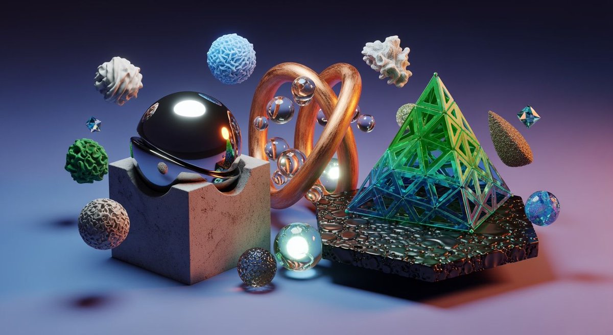 p_chusaengsri's tweet image. A vibrant 3D composition featuring geometric shapes and organic forms, including a green pyramid, metallic sphere, and colorful textures.
#3DArtistry #GeometricDesign #OrganicForms #VibrantTextures #CreativeComposition