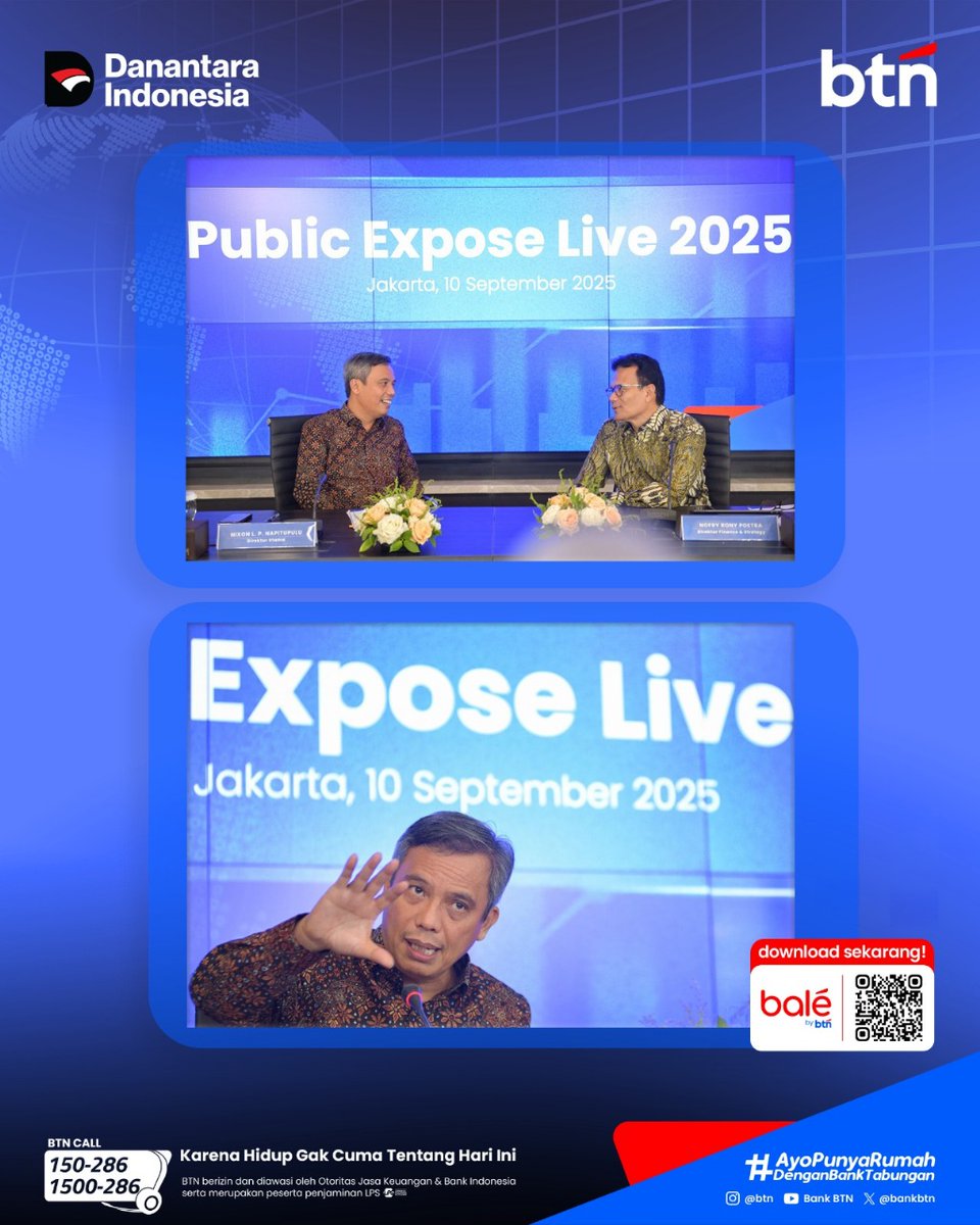 BumnSmgRapi02's tweet photo. Menutup Semester I-2025, BTN memaparkan kinerja positif dalam Public Expose Live 2025 (10/9). 
#HGCTHI
#BeritaBTN
#KinerjaBTNmelesat https://t.co/BjWZbiv2AV