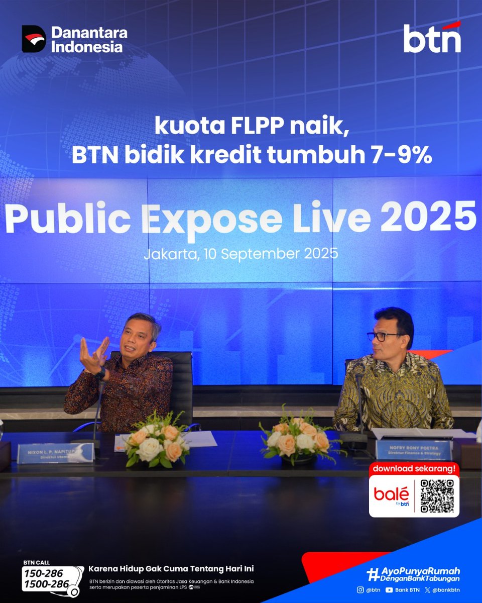 BumnSmgRapi02's tweet photo. Menutup Semester I-2025, BTN memaparkan kinerja positif dalam Public Expose Live 2025 (10/9). 
#HGCTHI
#BeritaBTN
#KinerjaBTNmelesat https://t.co/BjWZbiv2AV