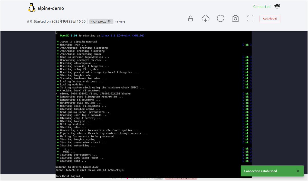 kolinz's tweet image. IBM Cloud Virtual Server上の仮想サーバーに、minioneを使って #OpenNebula によるクラウド基盤を構築して、Alpine Linuxを使ったVMの作成を確認(環境上Nested VM)。久しぶりにOpenNebulaを使って、UIが前よりも変わった印象がある。#IBM #IBMCloud
