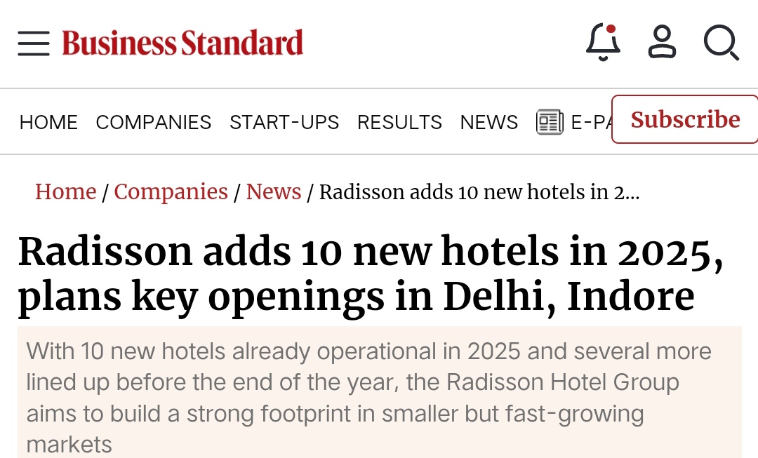 Radisson Hotel Group is set to open Radisson RED Indore 🏨 in its 2025 expansion drive.

It’s an addition, a lifestyle brand extension (RED) alongside Radisson Blu complex .

#Indore #RadissonRED #InvestInMP #Hospitality