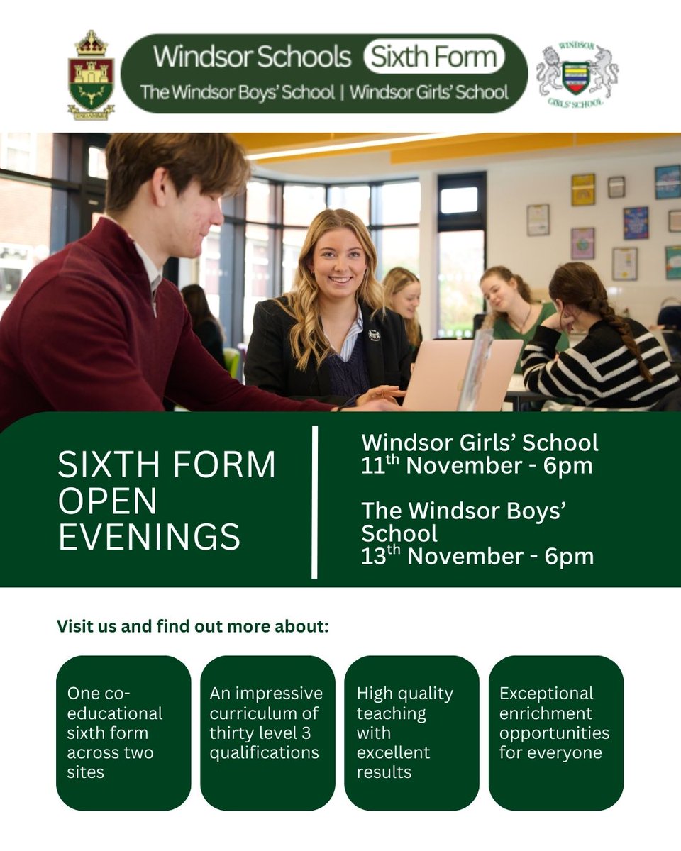 WindsorLearning's tweet image. Discover Windsor Schools Sixth Form!
Join our Open Evenings to explore courses, enrichment &amp;amp; student life across two schools. Hear from staff &amp;amp; students and see what makes our co-ed Sixth Form the right choice for you.
#WindsorSixthForm #OpenEvening