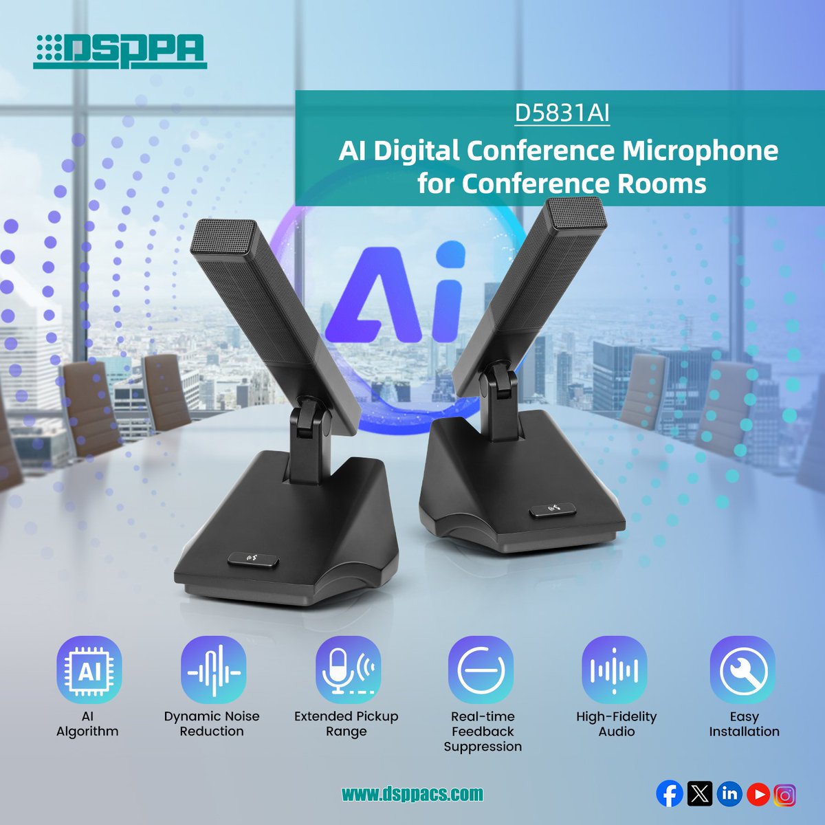 GuangzhouDSPPA's tweet image. 📌 #DSPPA Solution | D5831AI AI Conference Mic 🎤✨
Delivers natural, stable sound with:

✅ Long pickup &amp;amp; high gain
✅ Smart noise reduction
✅ Directional clarity
✅ Easy setup

Ideal for conferences, video calls &amp;amp; global events. 🌍
📩 conference@dsppa.com

#ConferenceSystem