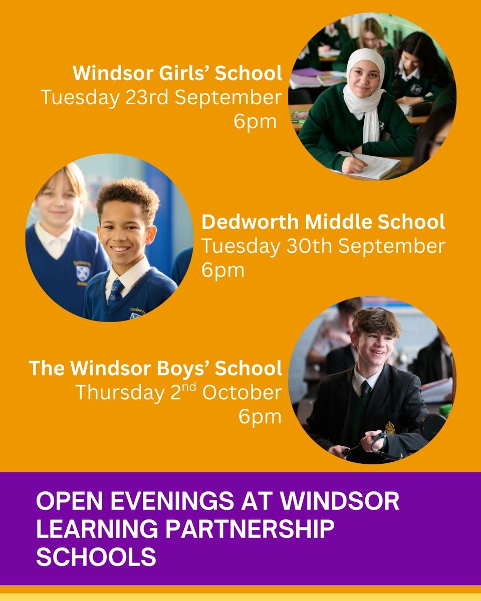 WindsorLearning's tweet image. We can’t wait to welcome you to our Open Evenings! Explore the schools, meet staff and students, and get a real feel for our community. Can’t make it? Visits can be arranged anytime. Please see school websites for details.