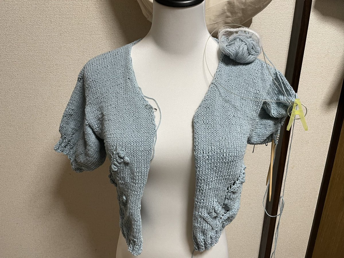 やっとここまで出来ました😅あと左袖が少しと前立てです💦色はこの角度だとちゃんと薄い水色に見えますね😄