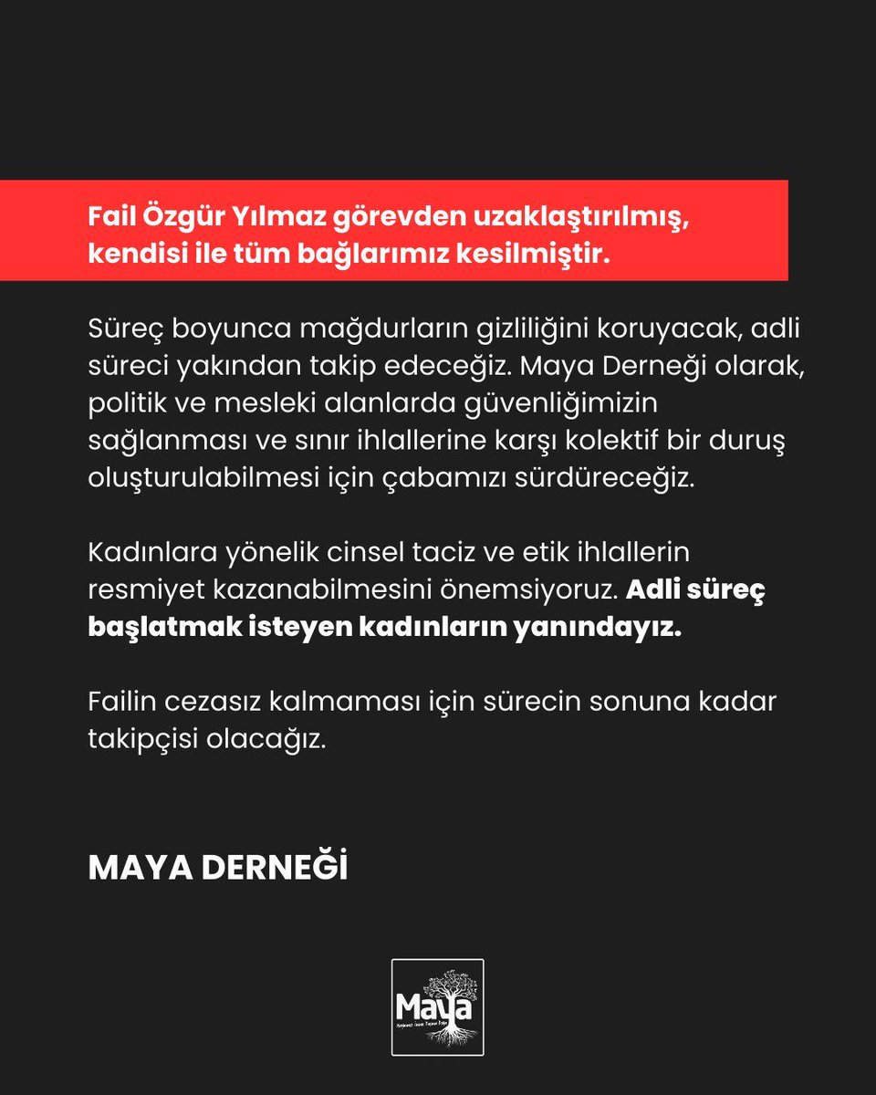 Özgür Yılmaz, görevden uzaklaştırılmış, tüm bağlantılarımız kesilmiştir. Süreç boyunca mağdur gizliliğini koruyacak, adli süreci ve kamuoyunu yakından takip edeceğiz.