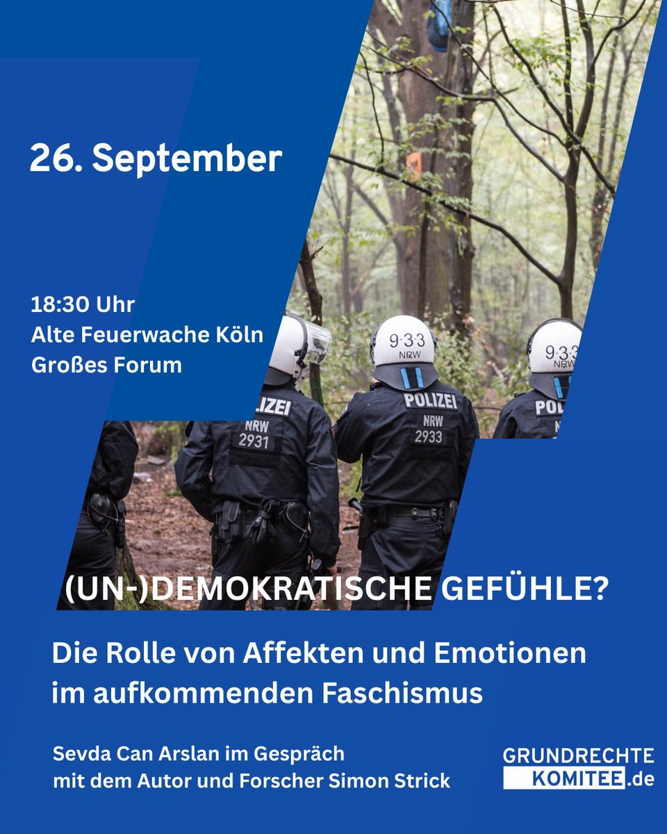Wir beginnen am Freitagabend, 26.9. mit Sevda Can Arslan im Gespräch mit Simon Strick über (Un-)demokratische Gefühle? Die Rolle von Affekten und Emotionen im aufkommenden #Faschismus:
grundrechtekomitee.de/details/un-dem…