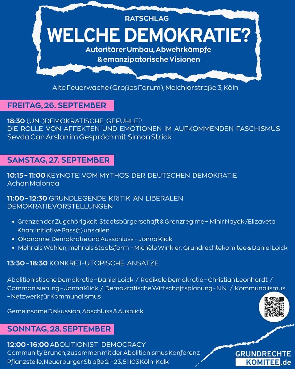 Der 27.9. beginnt mit einer Verortung des Zustands der deutschen Demokratie, bietet Workshops zu grundlegender Kritik an liberalen Demokratievorstellungen und schließt mit konkret-utopischen Ansätzen:
Abolitionistische &amp; radikale Demokratie, Commonisierung  und Kommunalismus.