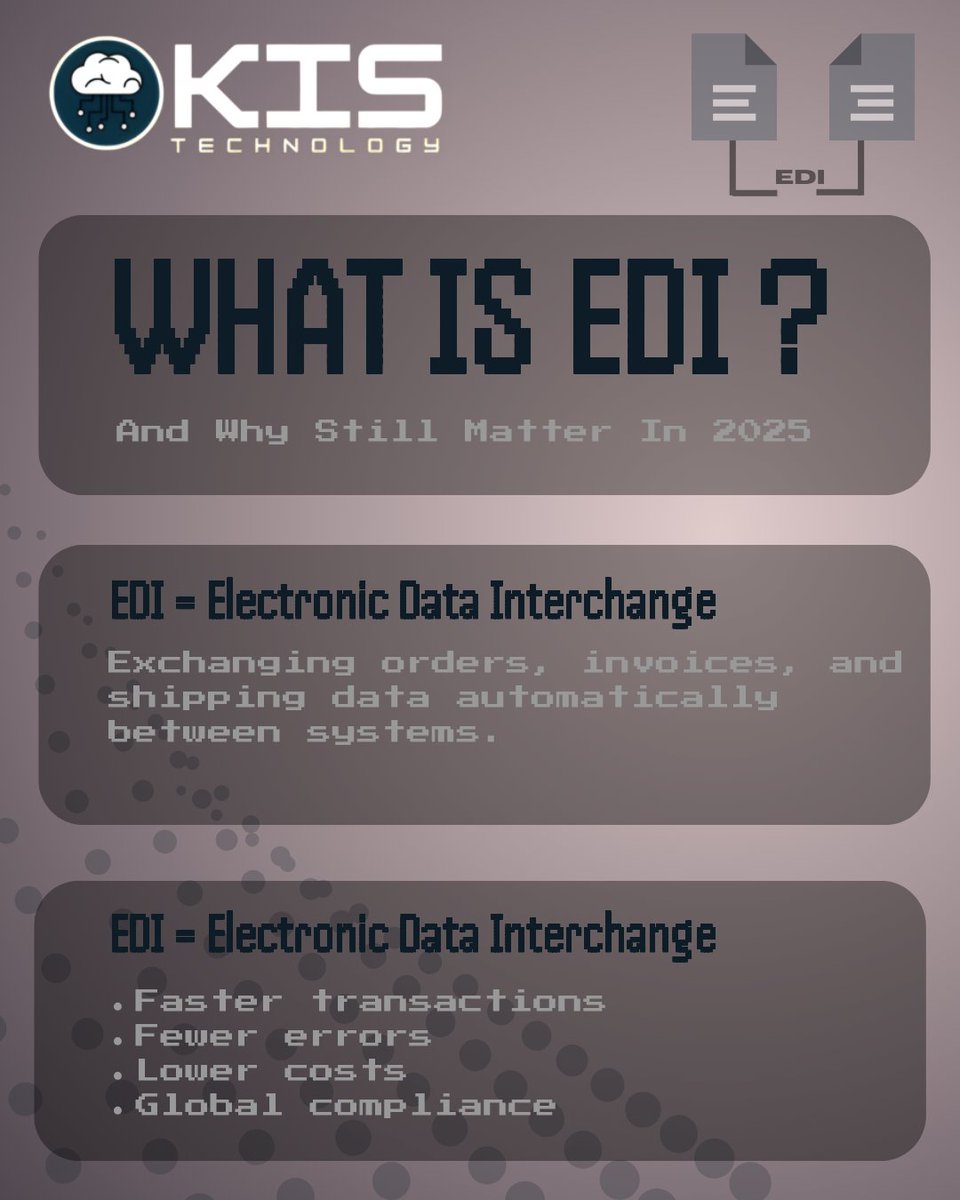 technologykis's tweet image. EDI in 2025 is more than just data exchange — it’s the language of modern business. From retailers to logistics providers, companies rely on EDI to stay fast, compliant, and competitive. Without it, growth becomes impossible.
#EDI #DigitalTransformation #SupplyChain #Business2025