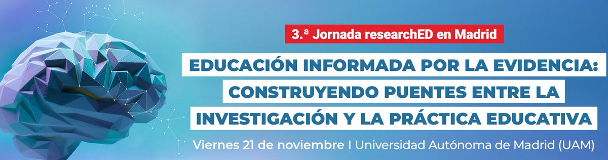 El 21 de noviembre celebraremos la 3ª edición de researchED, esta vez en Madrid. Con ponentes de lujo como <a href="/dylanwiliam/">Dylan Wiliam</a>, <a href="/JuanEldelblog/">Juan (el del blog) Fernández</a>, <a href="/MarianaMorale19/">Mariana Morales Lobo</a>, <a href="/EfectoMcguffin/">EfectoMcguffin</a> y <a href="/SanmartiNeus/">Neus Sanmarti</a>. La jornada versará sobre la evaluación para el aprendizaje.
Link: bit.ly/4o4VH59