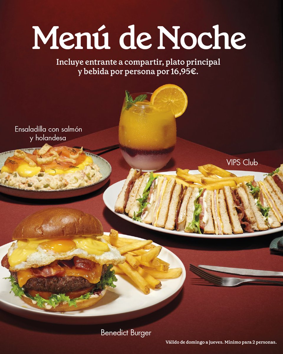 No hay mejor buenas noches que las que tenemos en VIPS. Vente a disfrutar de nuestro Menú de Noche de domingo a jueves a partir de las 20:00. 😊