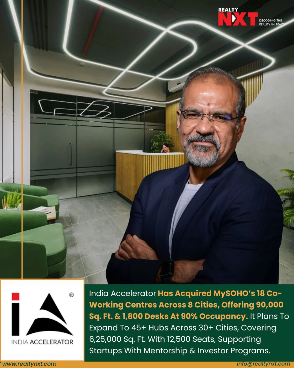RealtyNXT's tweet image. #News | India Accelerator acquires MySOHO’s 18 centres, plans 45+ hubs covering 6,25,000 sq. ft.

#RealtyNXT #IndiaAccelerator #MySOHO #CoWorkingIndia #StartupEcosystem