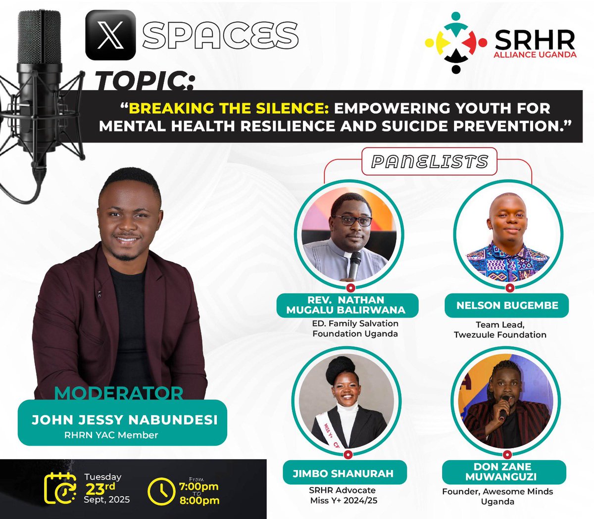 John Jessyšŗš¬ (@johnjessy101) on Twitter photo Join us tonight and learn more about suicide prevention and Mental health resilience.
Theme: āBreaking the Silence: Empowering Youth for Mental Health & Suicide Preventionā
Meet the panelists 
<a href="/MugaluNathan/">Rev.Nathan Balirwana Mugalu</a> <a href="/DonZaneMuwanguz/">Iāam Zane and I Create Tomorrow.</a> <a href="/BugembeNelson/">Disability-Isnt-Inability</a> <a href="/jimboshanurah/">Jimbo Shanurah</a> 
#WetuliTewegyawo Join us tonight and learn more about suicide prevention and Mental health resilience.
Theme: āBreaking the Silence: Empowering Youth for Mental Health & Suicide Preventionā
Meet the panelists 
<a href="/MugaluNathan/">Rev.Nathan Balirwana Mugalu</a> <a href="/DonZaneMuwanguz/">Iāam Zane and I Create Tomorrow.</a> <a href="/BugembeNelson/">Disability-Isnt-Inability</a> <a href="/jimboshanurah/">Jimbo Shanurah</a> 
#WetuliTewegyawo
