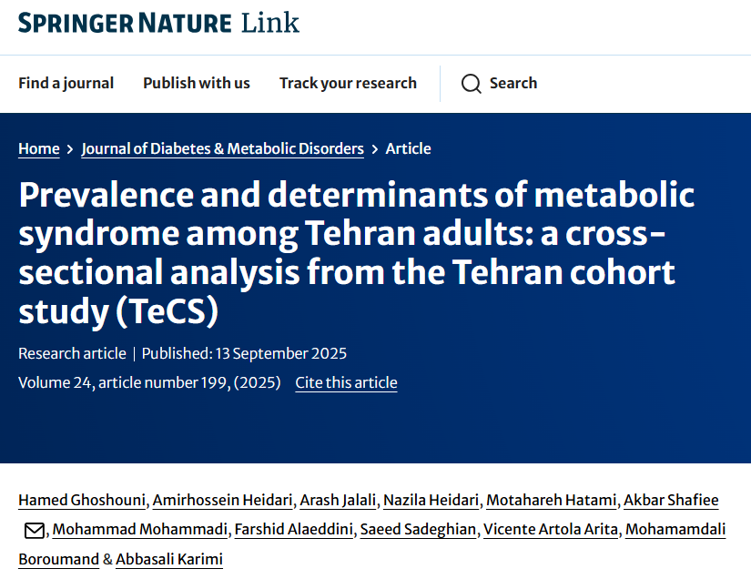 Cardiovascular Diseases Research Institute (@tums_cvdri) on Twitter photo High #MetabolicSyndrome prevalence in Tehran adults: up to 59.3% (JIS  criteria). Risk rises with age, female sex, low education & inactivity. Lifestyle-focused prevention is crucial. #Epidemiology #Iran  <a href="/GhoshouniHamed/">Hamed Ghoshouni</a> <a href="/amirhheidarimd/">Amirhossein Heidari, MD</a> <a href="/AritaArtola/">Vicente Artola Arita</a> link.springer.com/article/10.100… High #MetabolicSyndrome prevalence in Tehran adults: up to 59.3% (JIS  criteria). Risk rises with age, female sex, low education & inactivity. Lifestyle-focused prevention is crucial. #Epidemiology #Iran  <a href="/GhoshouniHamed/">Hamed Ghoshouni</a> <a href="/amirhheidarimd/">Amirhossein Heidari, MD</a> <a href="/AritaArtola/">Vicente Artola Arita</a> link.springer.com/article/10.100…