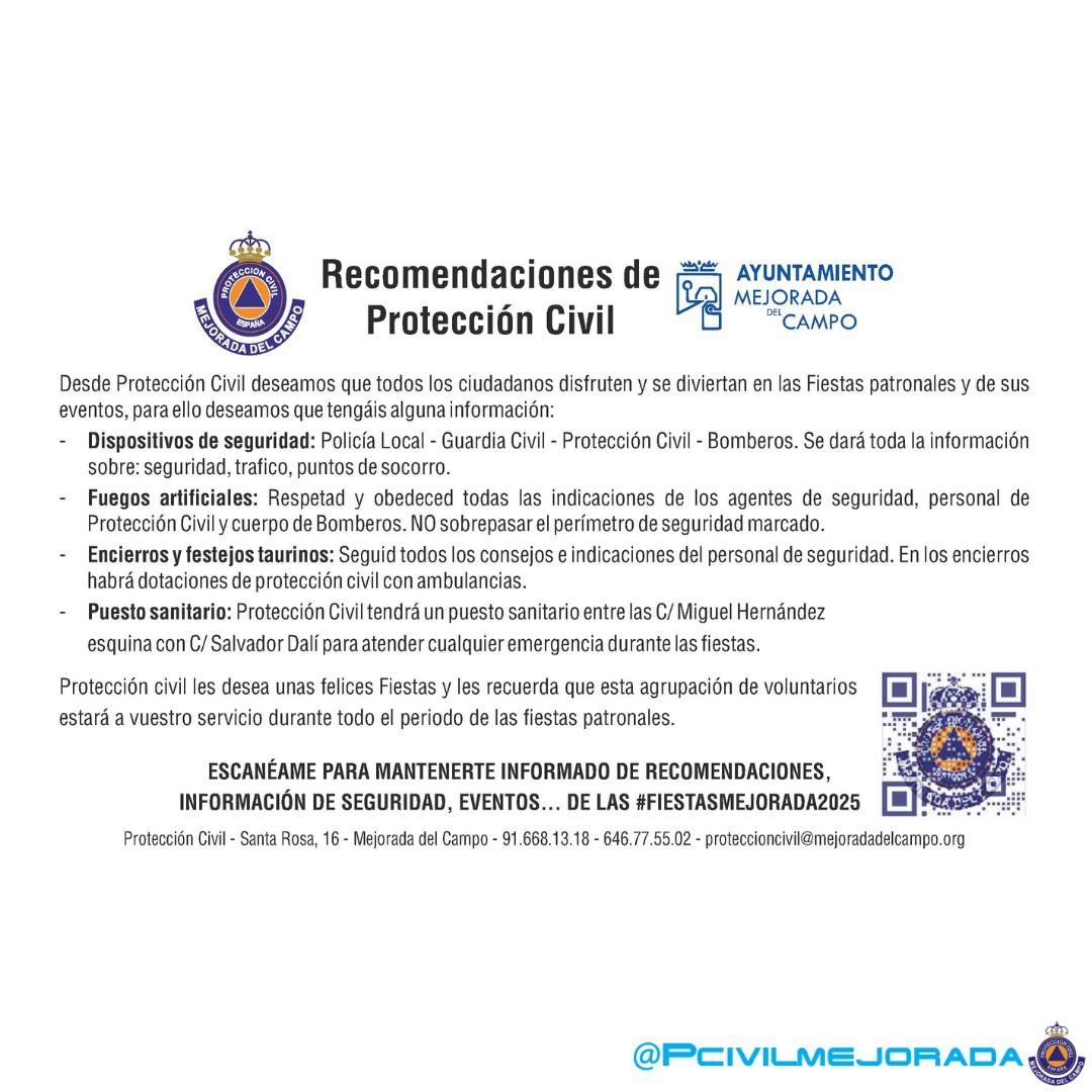 PCivilMejorada's tweet image. Cuarto y último encierro de las #FiestasMejorada2025. Como es costumbre y siempre #PorTuSeguridad, os dejamos las recomendaciones, un plano del dispositivo y las normas del evento.

POR FAVOR, sigue SIEMPRE las indicaciones de #PolicíaLocal y #Proteccióncivil.

#LasProtesCuentan