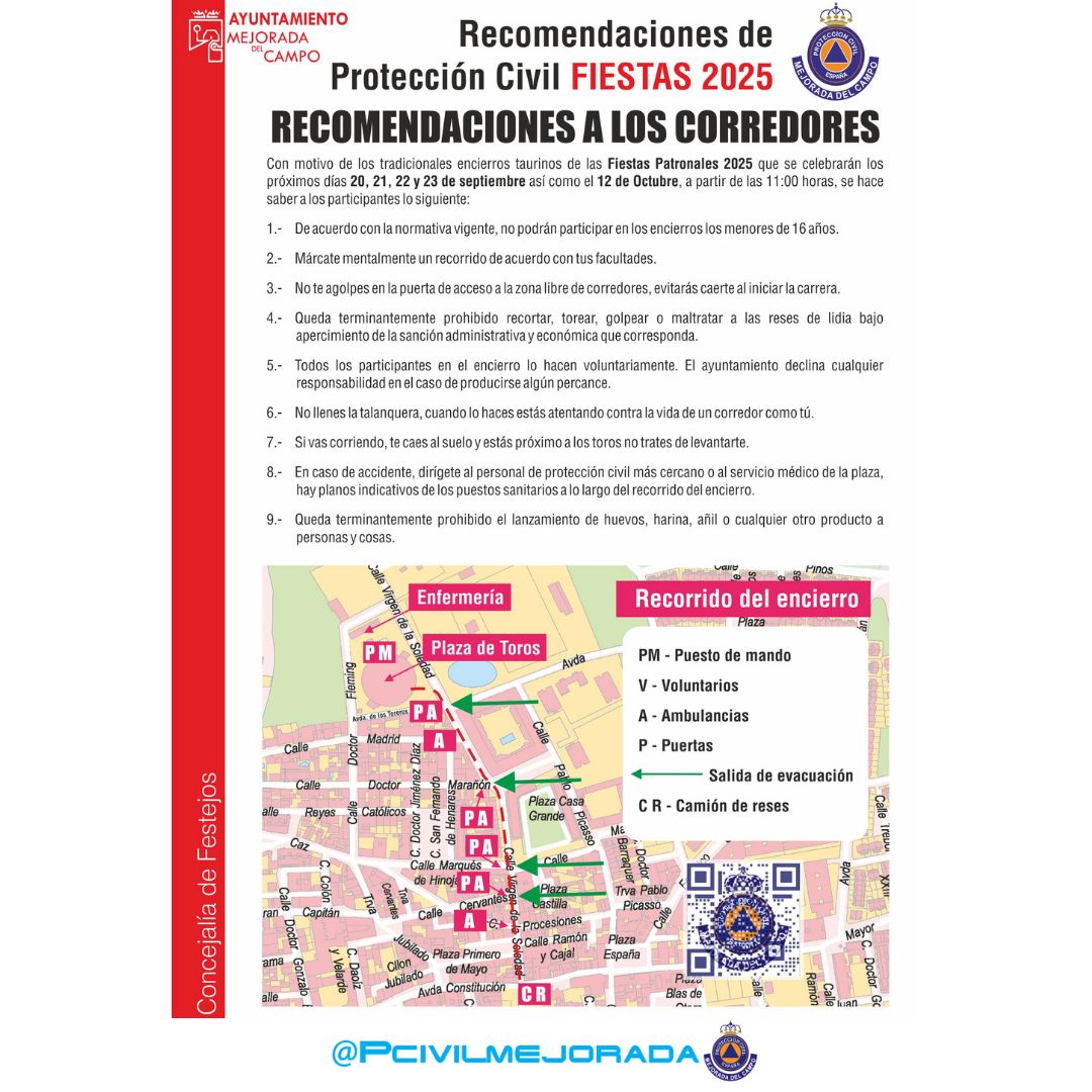 PCivilMejorada's tweet image. Cuarto y último encierro de las #FiestasMejorada2025. Como es costumbre y siempre #PorTuSeguridad, os dejamos las recomendaciones, un plano del dispositivo y las normas del evento.

POR FAVOR, sigue SIEMPRE las indicaciones de #PolicíaLocal y #Proteccióncivil.

#LasProtesCuentan