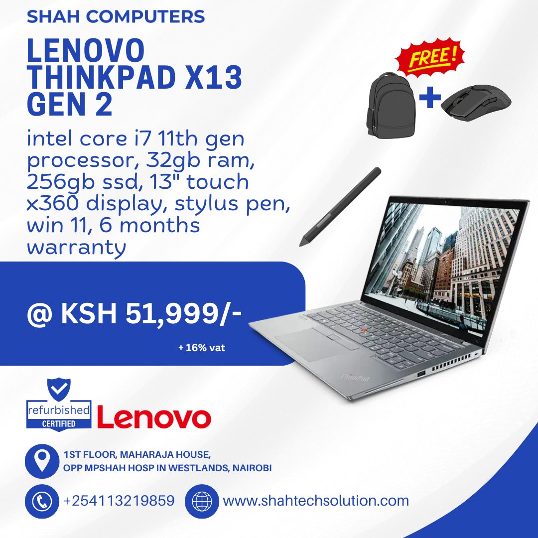 shahcomputers_'s tweet image. Lenovo ThinkPad X13 Gen 2 — built for performance, built for you.
i7 11th Gen | 32GB RAM | 256GB SSD | 13” Touch X360 + Stylus
Now at Ksh 51,999/- + VAT with FREE Backpack &amp;amp; Mouse.