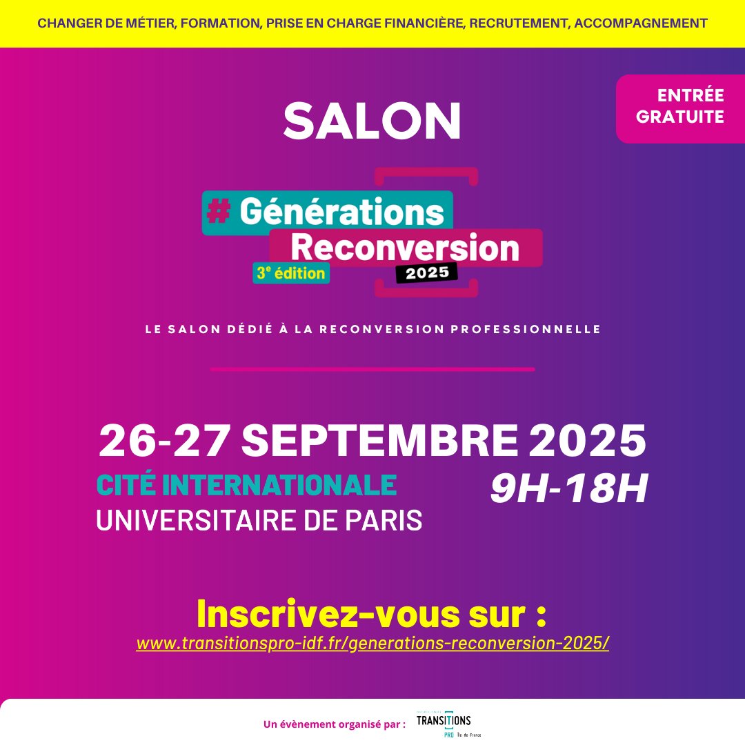 🔔 Le Salon Générations Reconversion 2025 revient pour sa 3e édition !
📅 26 &amp; 27 sept – Cité Internationale Universitaire de Paris
Rencontrez nos experts &amp; donnez un nouvel élan pour votre #carrière.
👉 Inscription gratuite : eu1.hubs.ly/H0nbL3S0
#Reconversion #Emplois #M2i