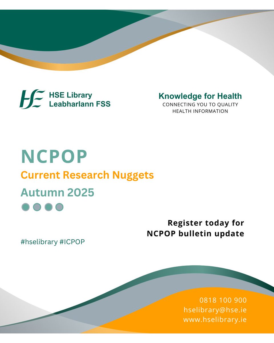 hselibrary.ie (@hselibrary) on Twitter photo New! NCPOP Autumn Research Bulletin 2025
Frailty, falls, dementia, cognitive decline + more. Guest editor: Graham Hughes, Clinical Lead HSE/RCPI NCPOP.
Read now 👉 bit.ly/3Ibz3sv
Sign up 👉 lnkd.in/e_TiMUUc
#NCPOP #OlderPersonCare #HSELibrary New! NCPOP Autumn Research Bulletin 2025
Frailty, falls, dementia, cognitive decline + more. Guest editor: Graham Hughes, Clinical Lead HSE/RCPI NCPOP.
Read now 👉 bit.ly/3Ibz3sv
Sign up 👉 lnkd.in/e_TiMUUc
#NCPOP #OlderPersonCare #HSELibrary