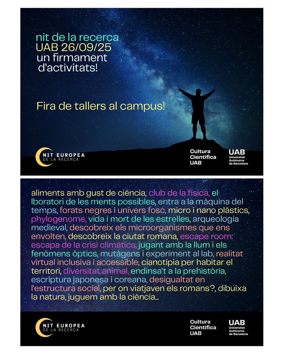 Fira tallers científics <a href="/UABBarcelona/">Universitat Autònoma de Barcelona</a> 
26 set
17-22 h
Programa: webs.uab.cat/nitrecercat/pr…
Vine a gaudir de la ciència i la recerca de la UAB!